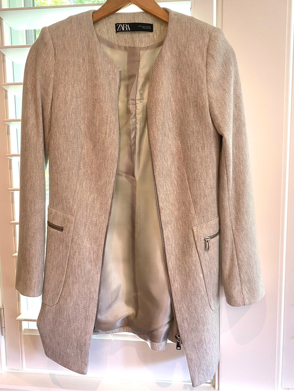 Zara Soft Gray Textured Open-Front Blazer Coat